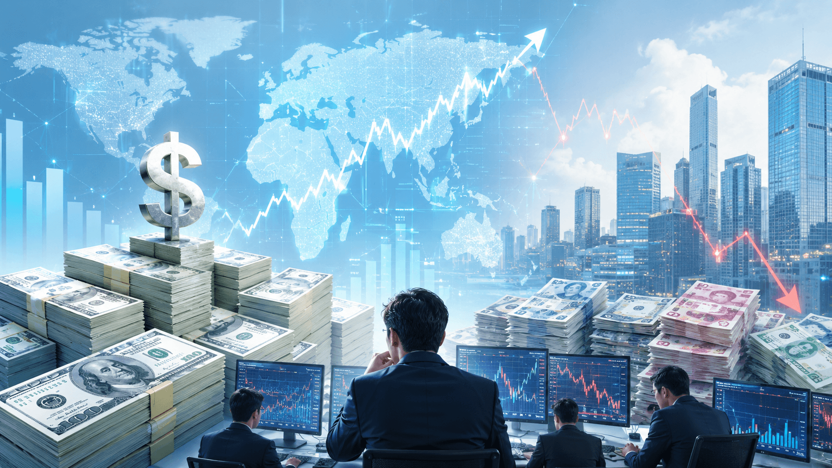 A bright financial illustration showing a global map, U.S. dollar stacks, currency market charts, and analysts monitoring exchange rate pressure in a modern trading room.