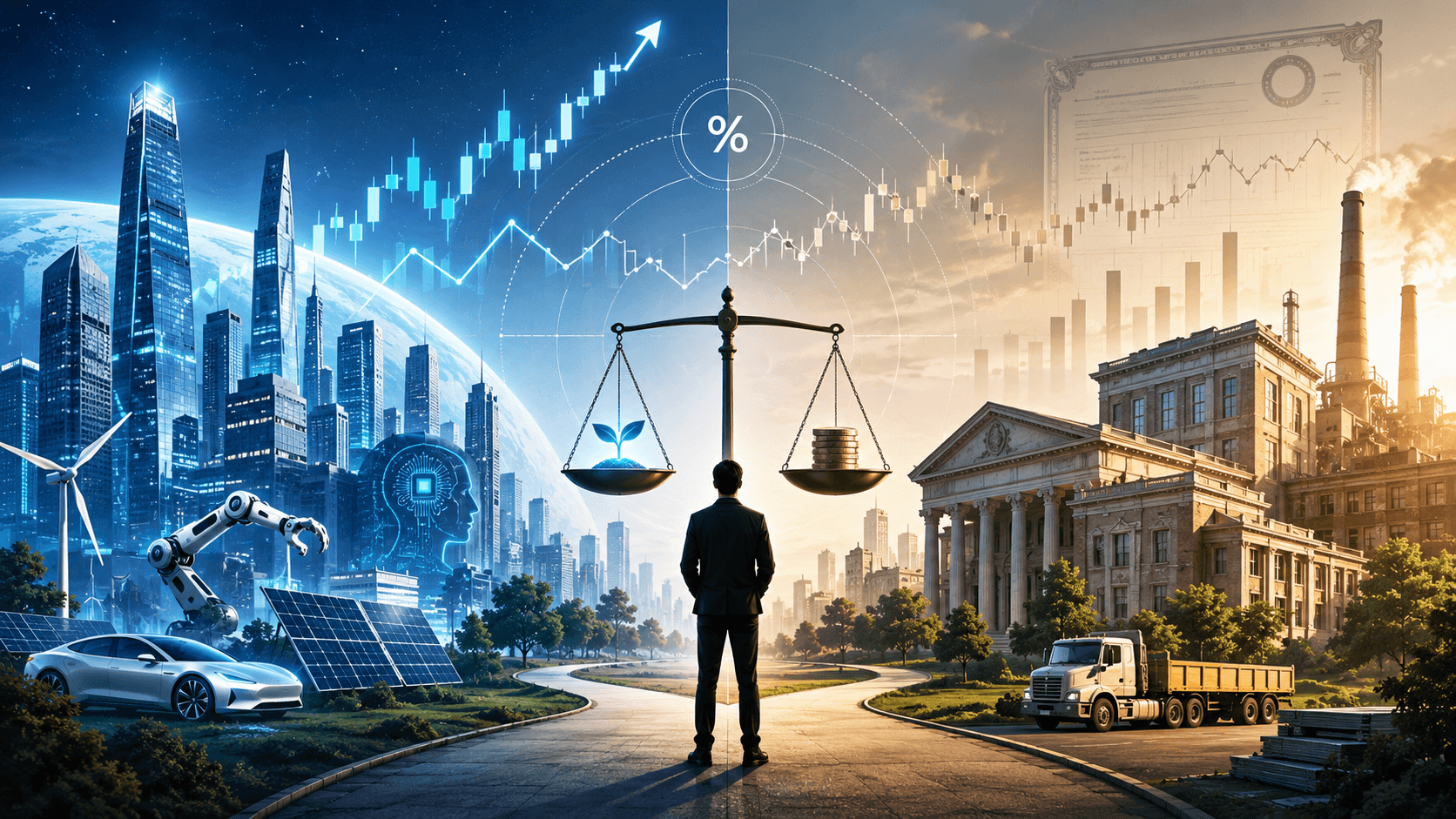 An investor standing at a crossroads between futuristic growth stocks and stable value stocks, with a balance scale, financial charts, and interest rate symbols in the background.