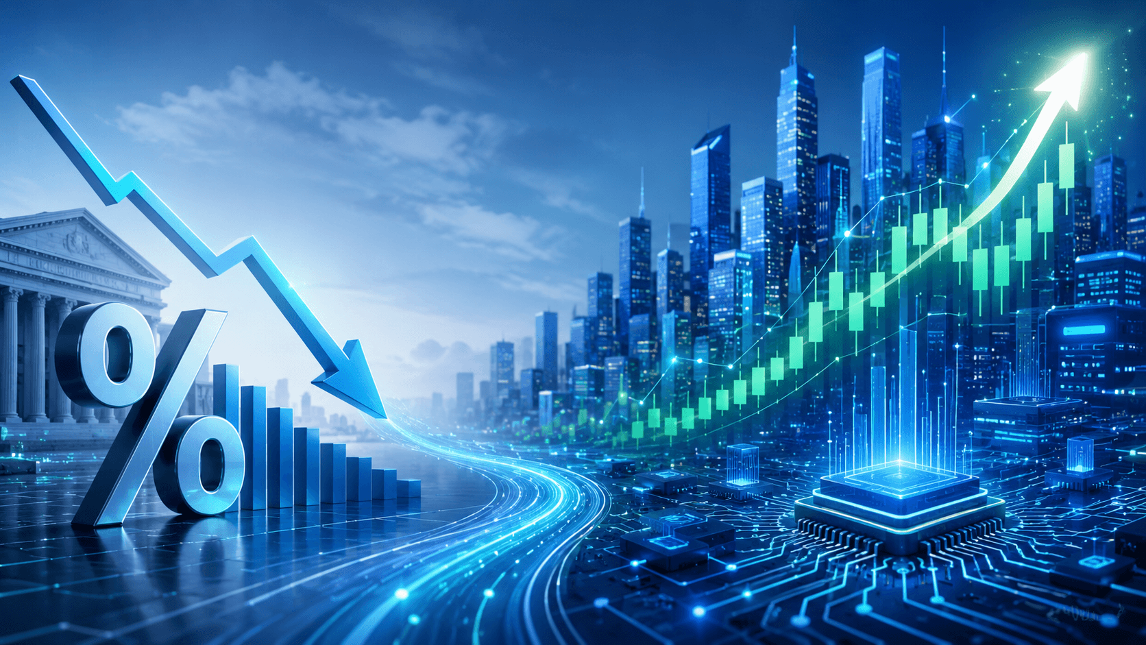 A futuristic financial illustration showing falling interest rates on the left and rising technology stock charts on the right, symbolizing how rate cut expectations can support Nasdaq growth.