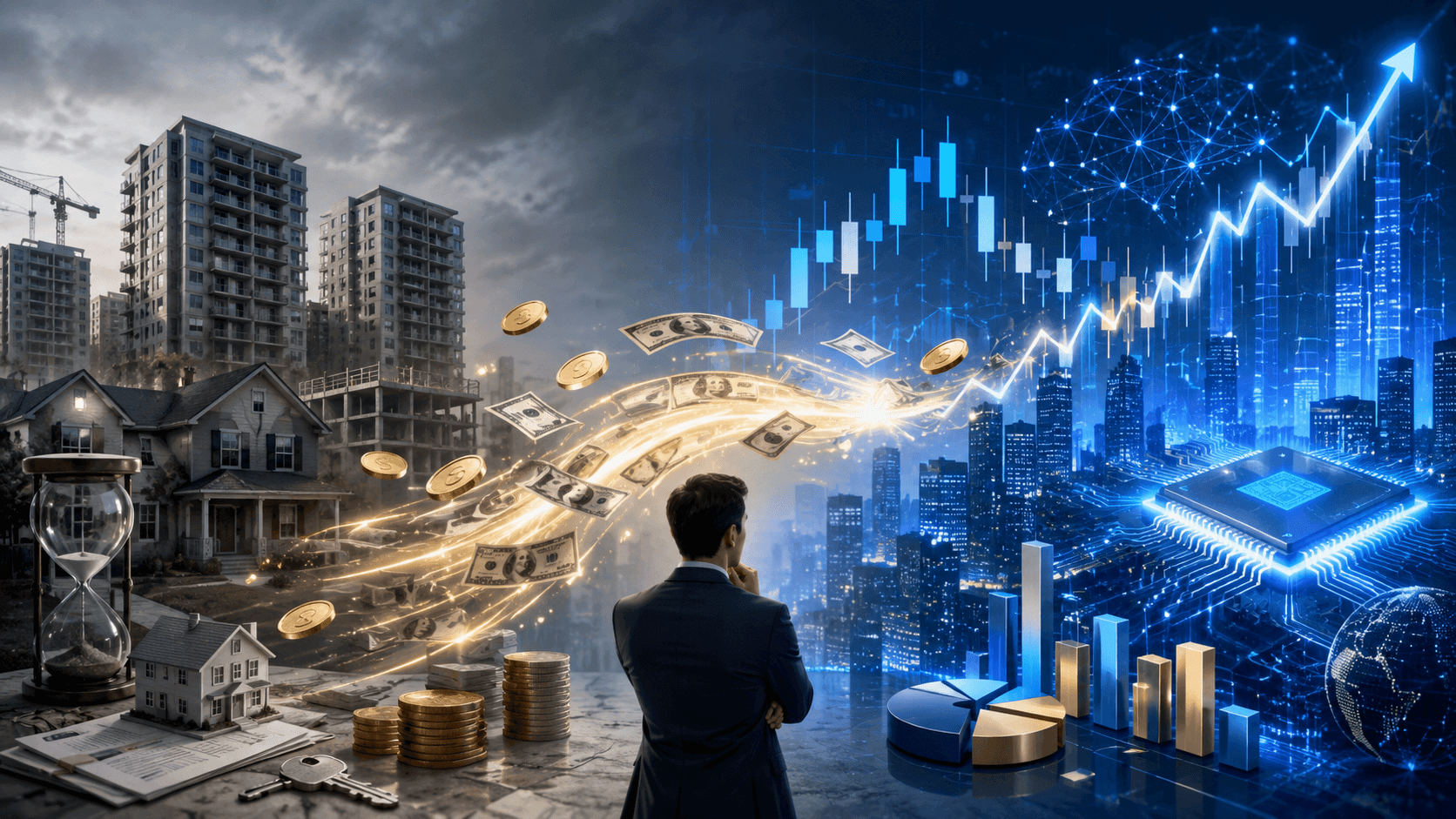Money flowing from real estate assets into the stock market, with apartment buildings, coins, rising charts, AI technology, and semiconductor imagery.