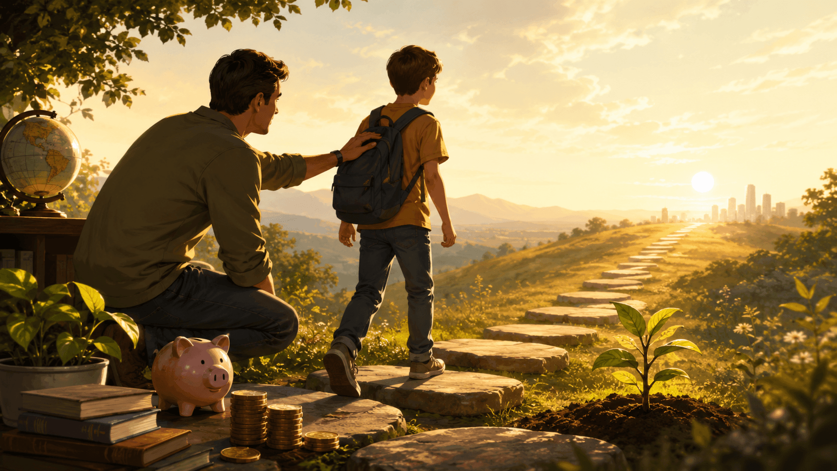 A parent gently supports a child walking forward on a stone path, with books, coins, a piggy bank, and a growing plant symbolizing financial education, responsibility, and independence.