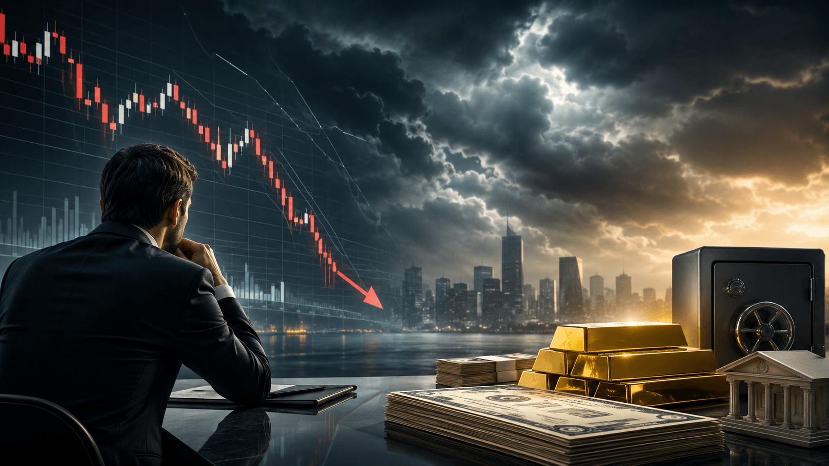 An investor watches a falling stock market chart during a stormy economic downturn, while gold, cash, bonds, and a safe represent defensive assets during a recession.