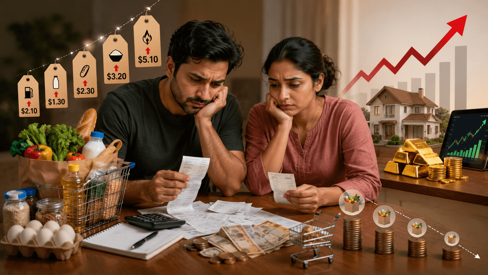 A worried couple reviews grocery receipts and bills at a table, surrounded by rising price tags, shrinking purchasing power symbols, and investment assets such as a house, gold, and a financial chart.