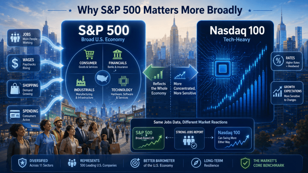  Illustration comparing how U.S. labor market data can affect the S&P 500 and Nasdaq 100 differently. The S&P 500 reflects a broad range of sectors such as consumer, financials, industrials, and technology, while the Nasdaq 100 is more tech-heavy and more sensitive to interest rates and growth expectations.