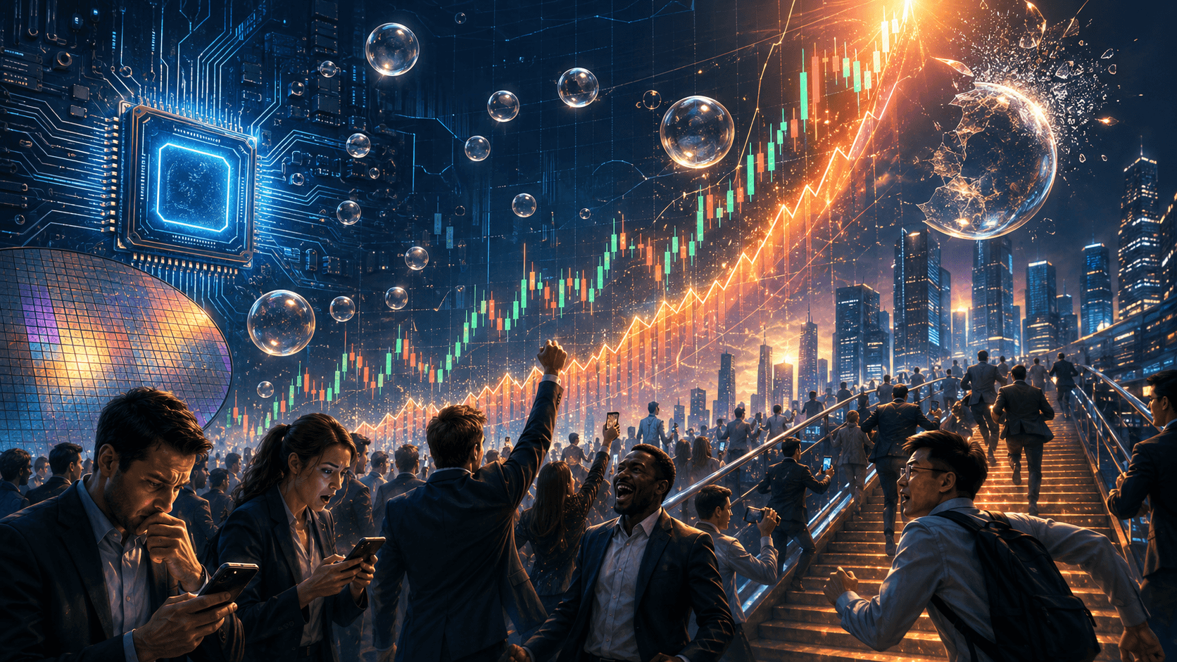 A dramatic illustration of investors rushing toward a sharply rising stock market chart, surrounded by AI chips, semiconductor imagery, glowing city lights, and fragile bubbles symbolizing market overheating and FOMO.