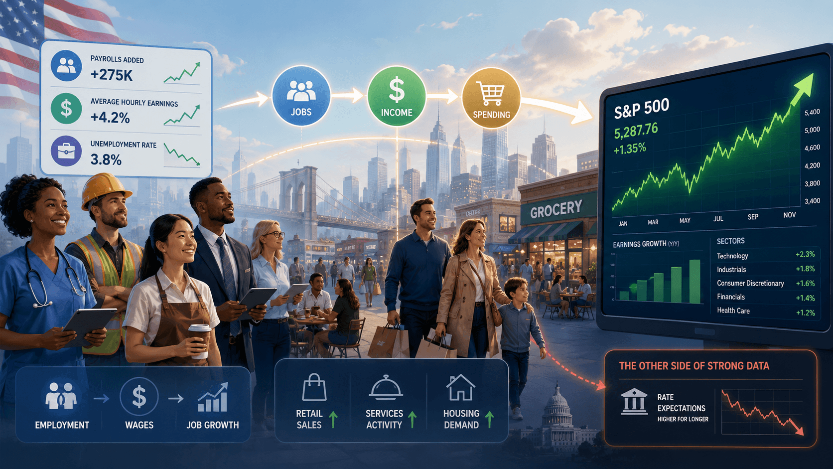 Illustration showing how strong U.S. job growth, wages, income, and consumer spending can support the S&P 500, with a caution about interest rate expectations.