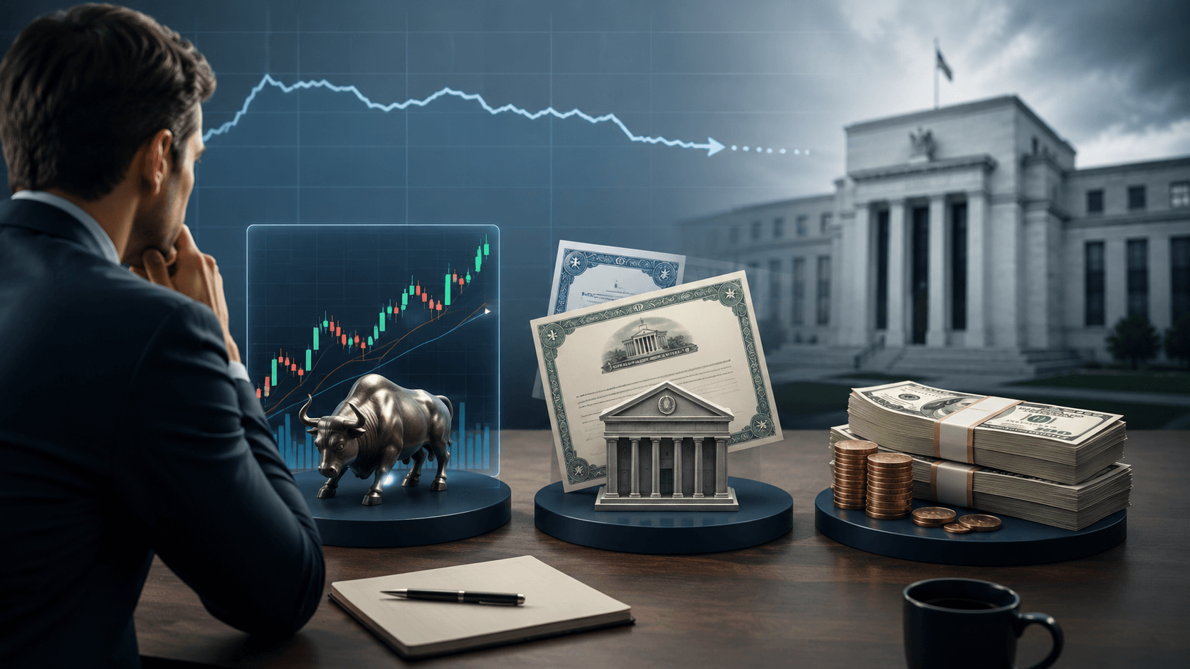 A thoughtful investor compares stocks, bonds, and cash while a central bank building and a slowly declining interest rate chart appear in the background.