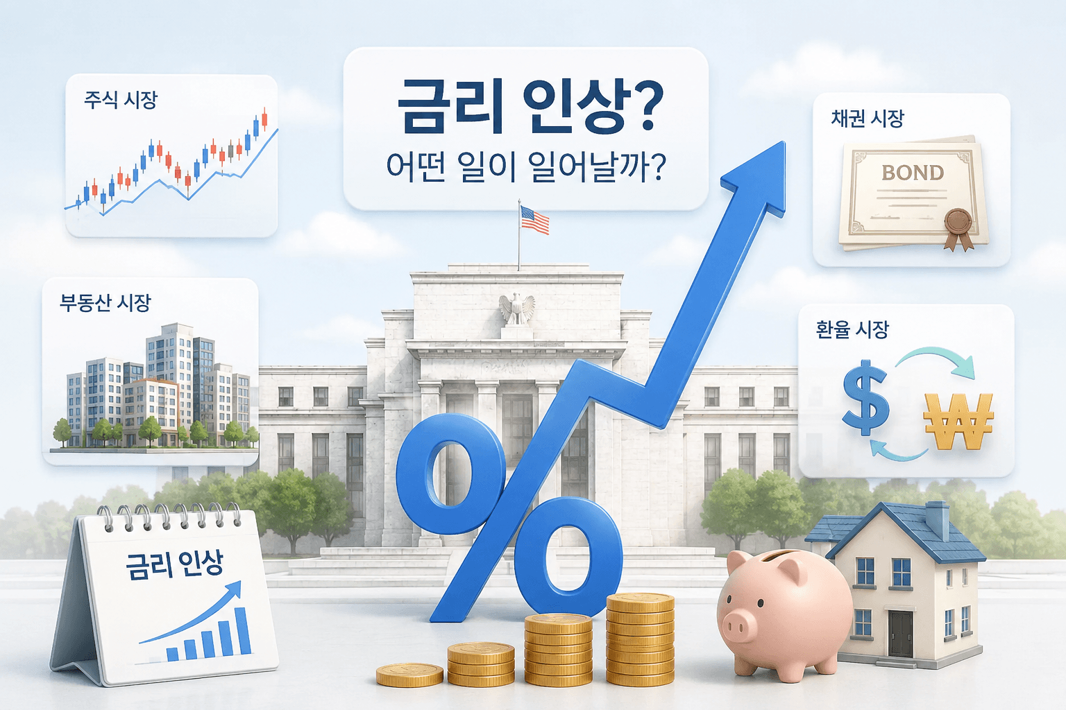 An illustration of the Federal Reserve with rising interest rate symbols and financial icons representing stocks, real estate, bonds, and currency markets.