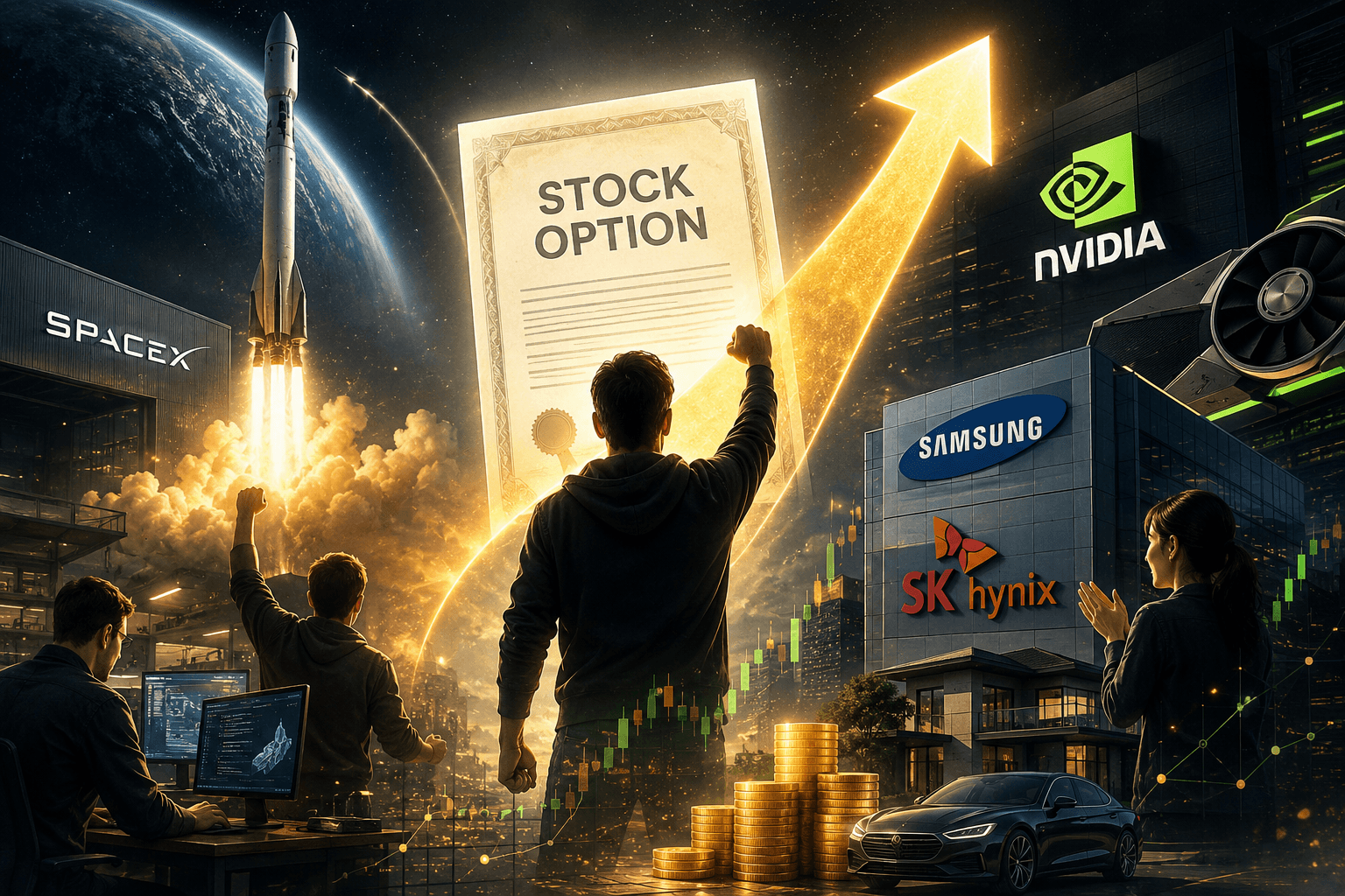 Employee wealth creation through stock options featuring technology companies, rising stock market growth, and workers becoming millionaires from equity ownership.