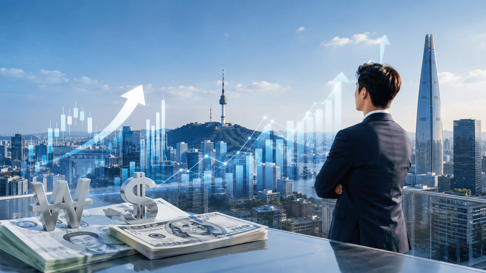 A financial cityscape of Seoul with rising stock charts, Korean won and US dollar symbols, showing the relationship between exchange rates and the KOSPI market.