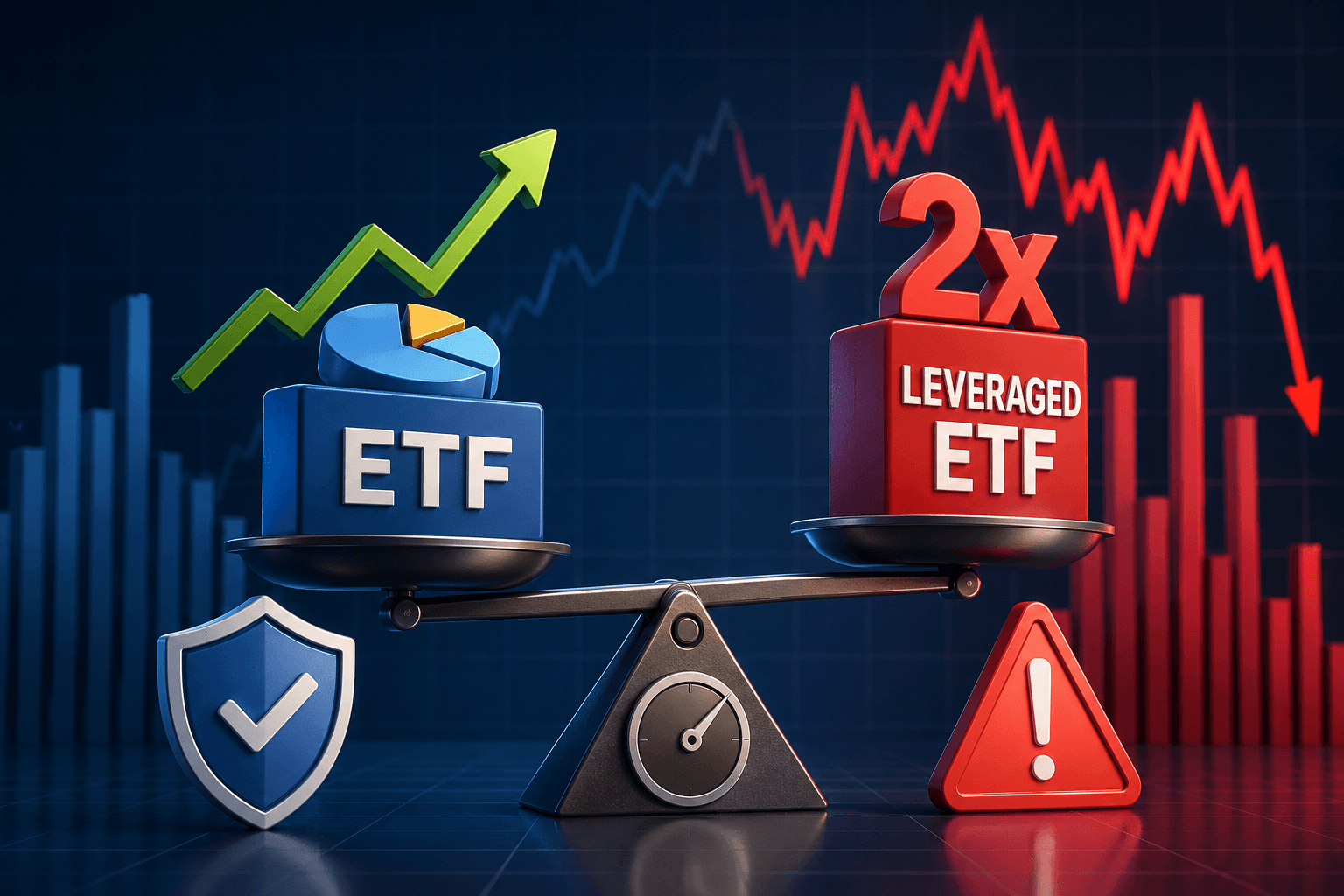 3D illustration comparing a regular ETF and a leveraged ETF, showing stable long-term growth versus higher volatility and investment risk.