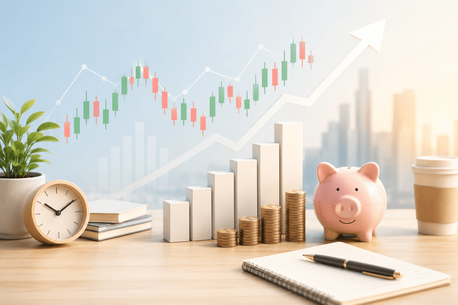 A bright and calm stock investing scene with candlestick charts, rising bars, coins, a piggy bank, and a notebook, symbolizing steady investment habits and long-term financial growth.